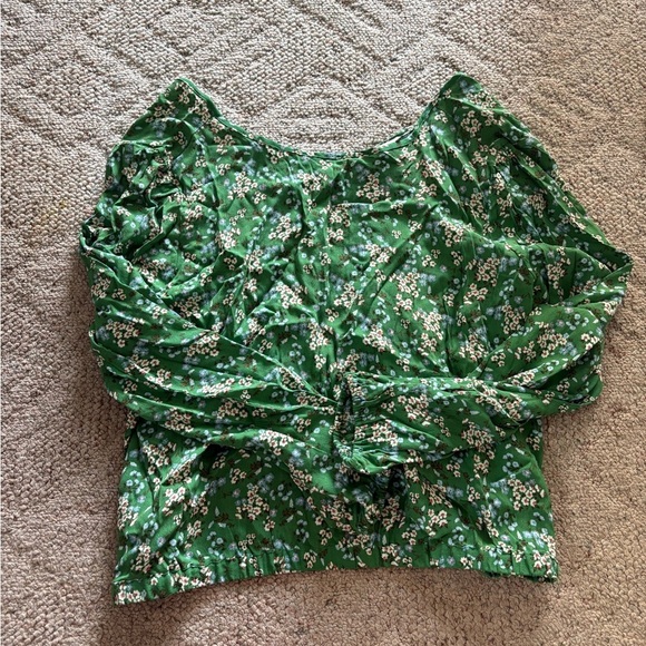LOFT Green and White Puff Sleeve Wrap Crop Blouse - Picture 6 of 6